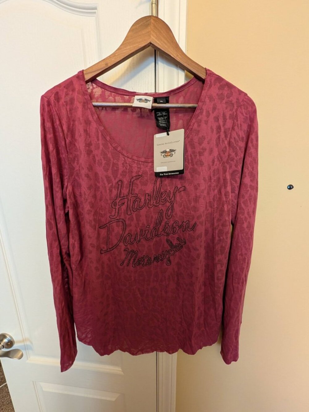 NWT Harley-Davidson Women's Pink Animal Print Burnout Long Sleeve Shirt - XL
